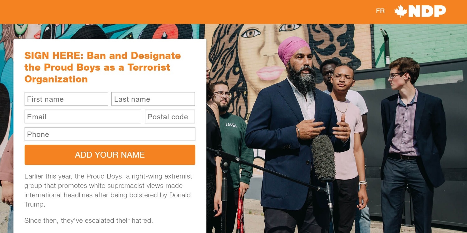 加拿大新民主黨稍早前發起連署，要求將「驕傲男孩」列入恐怖組織。   圖：翻攝自加拿大新民主黨