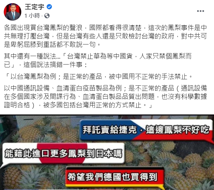 王定宇在臉書po文砲轟中國打壓台灣。   圖 : 翻攝自王定宇臉書
