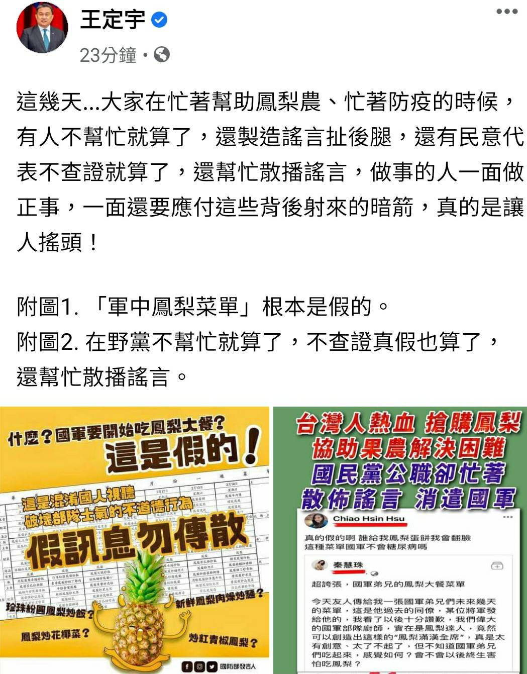 國軍鳳梨菜單是假的！王定宇轟國民黨不查證還散播謠言射暗箭