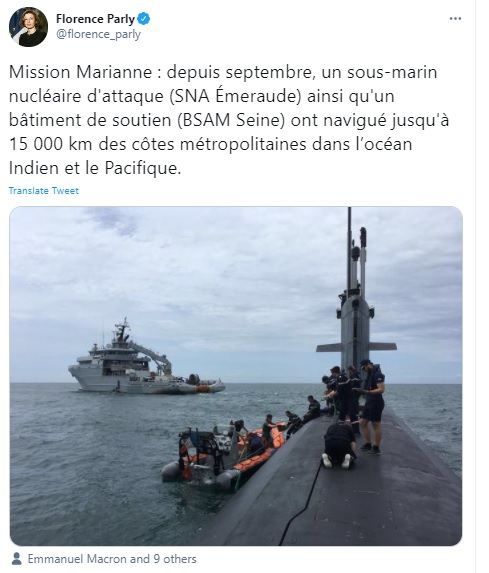 法國國防部長帕爾麗上個月貼文指出該國艦艇已在南海等印太海域巡航   圖：帕爾麗推特