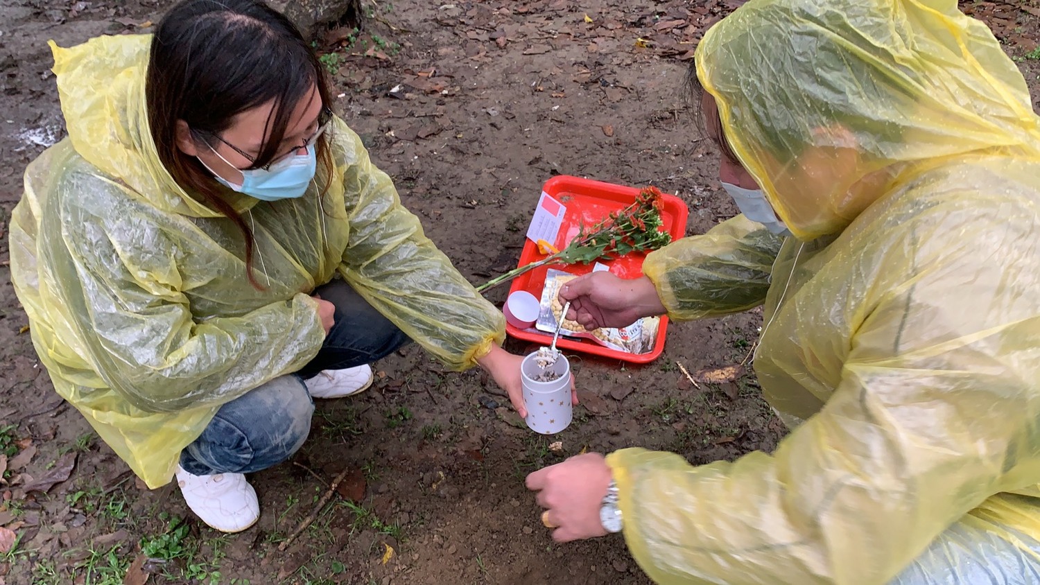 毛寶貝的家長用動保處樹葬特製小鏟子，將毛寶貝的骨灰挖至洞中。     圖：新北市動保處提供