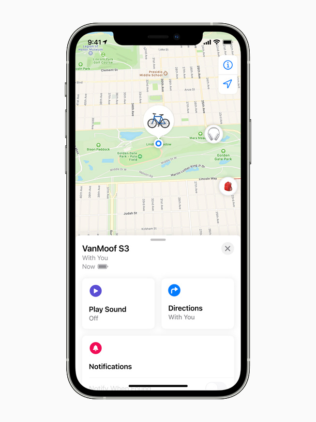 蘋果首批開放的第三方產品包括電動自行車，用戶可在地圖上偵測到物品位置。   圖：翻攝自Apple