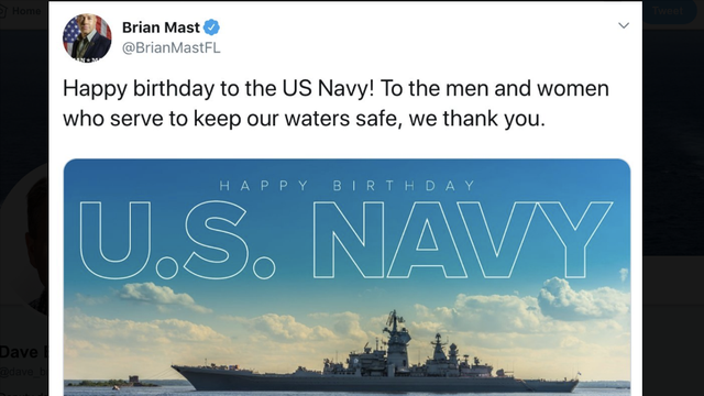 國會議員布萊恩·馬斯特之前在推特上祝美國海軍生日快樂,卻配上了俄羅斯彼得大帝號巡洋艦的照片。 圖 : 翻攝自推特