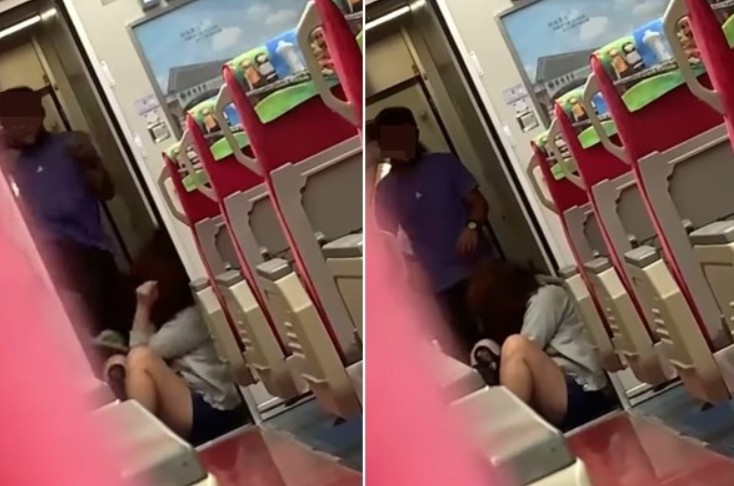 台鐵列車上一名男子當眾直接毆打身旁的女子，還對女子踢頭辱罵。   圖：翻攝花蓮爆料公社