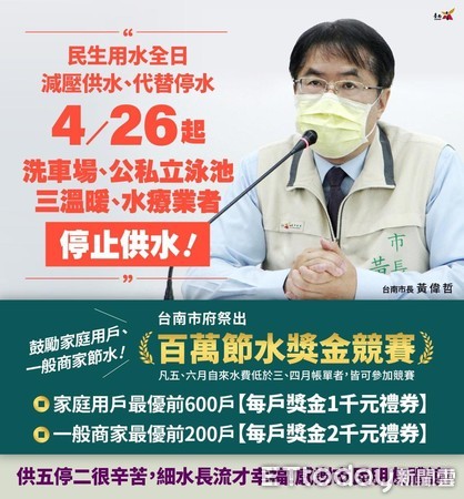 黃偉哲宣布台南3場所停水 將辦「百萬節水獎金比賽」挨批：87政策