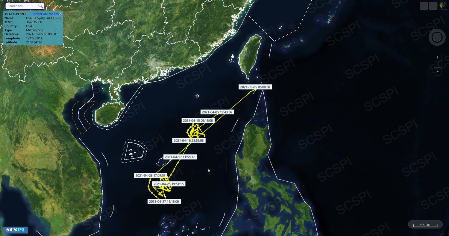 美軍「忠誠號」監視船監視船「忠誠號」(USNS Loyal，T-AGOS-22)航跡圖。   圖：翻攝南海戰略態勢感知計畫推特