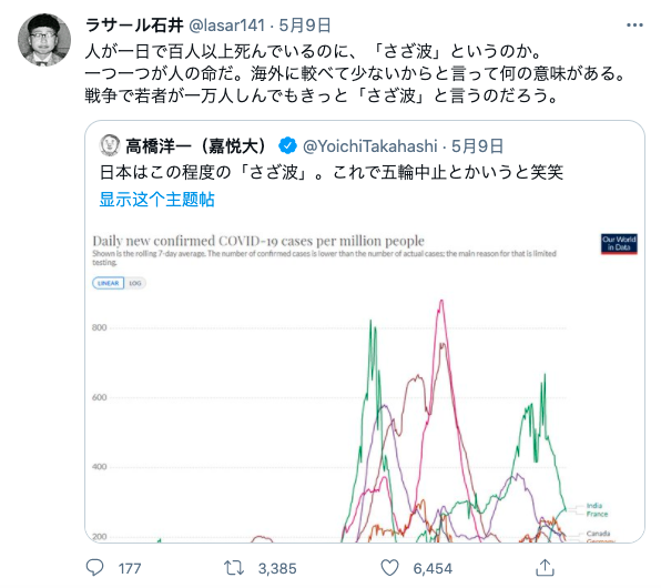日本藝人拉沙爾石井在推特上批評稱：「一天就死了一百多人，還叫漣漪嗎？一個個都是生命。」   圖 : 翻攝自推特