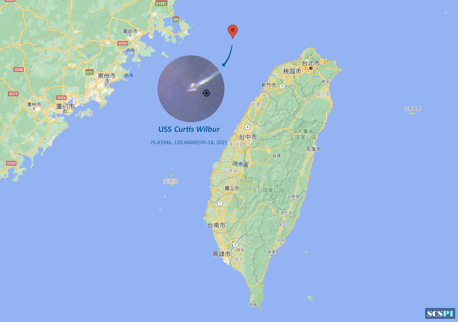 中國大陸「南海戰略態勢感知」平台PO出衛星照，表示掌握威爾伯艦航行動態。   圖：翻攝 SCS Probing Initiative推特