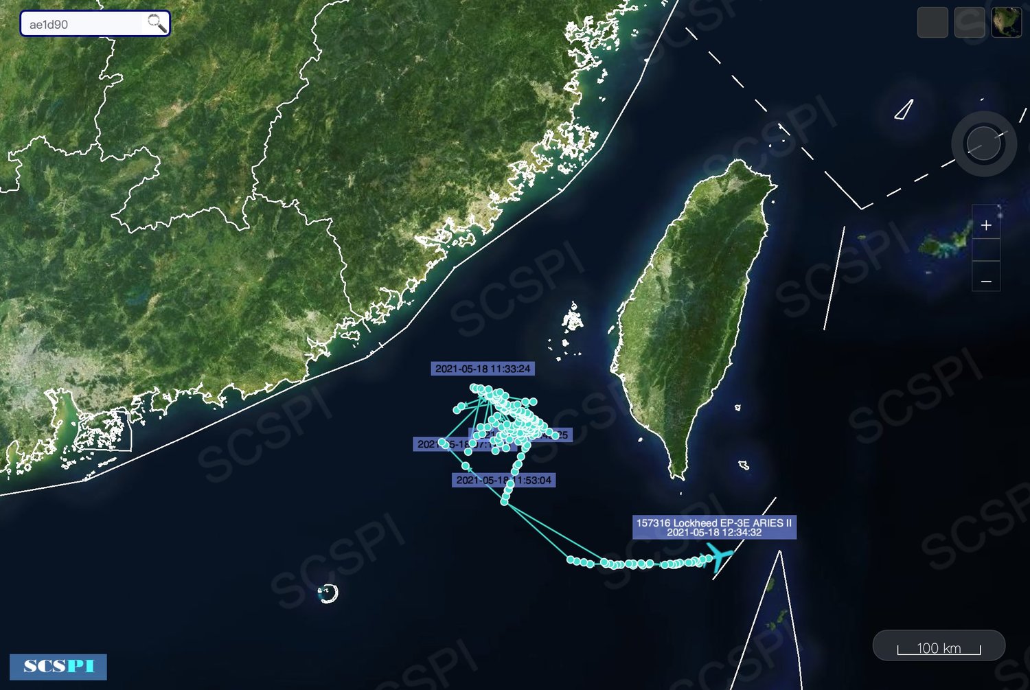 中國大陸「南海戰略態勢感知」平台PO出航跡圖，指威爾伯艦航經台海期間，有包括P-8A反潛機、EP-3E及RC-135W電偵機在台灣西南空域活動。   圖：翻攝 SCS Probing Initiative推特