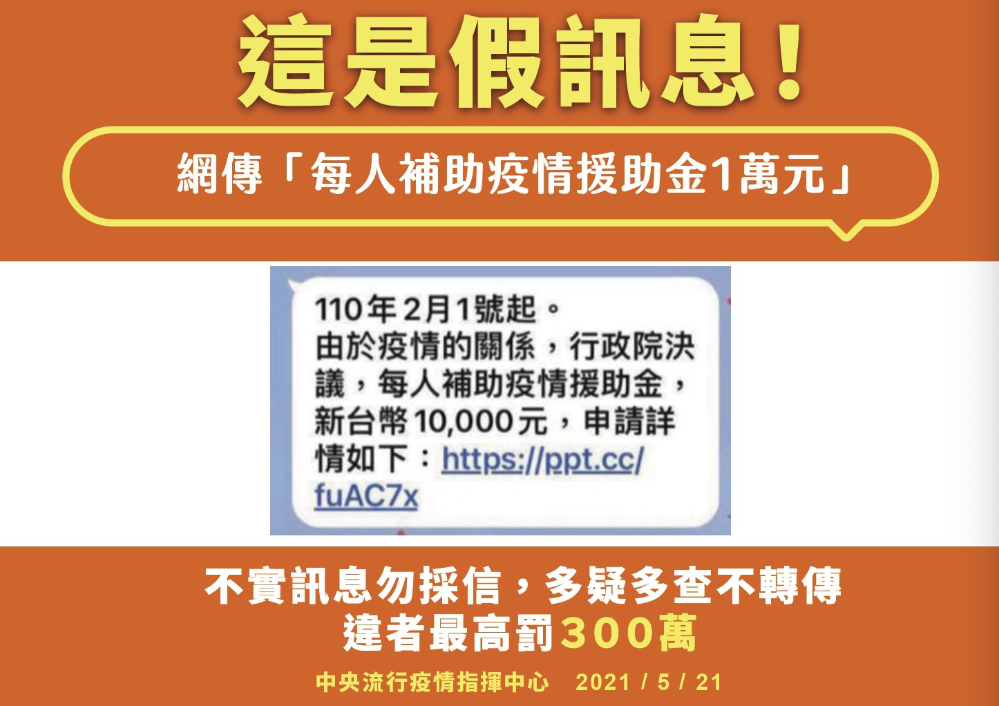 網傳「每人補助萬元疫情援助金」 指揮中心：假消息勿轉傳
