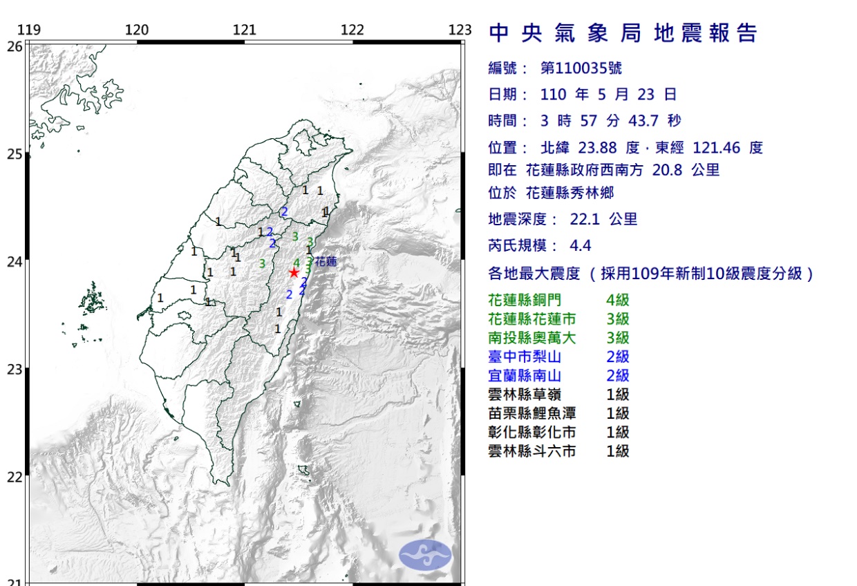 連3震驚醒夢中人！最大規模4.4 最大震度花蓮縣4級