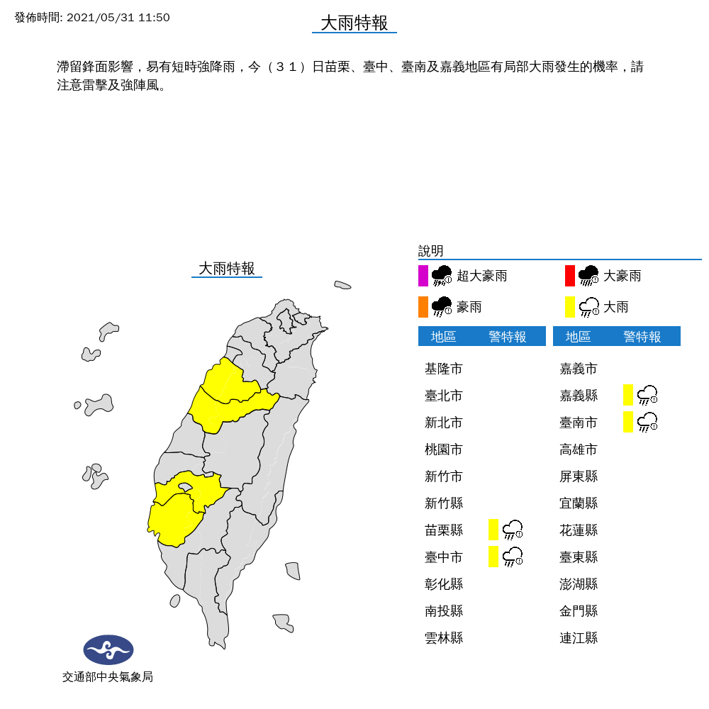 快訊》滯留鋒發威！中南部4縣市大雨特報 氣象局：留意短時強降雨