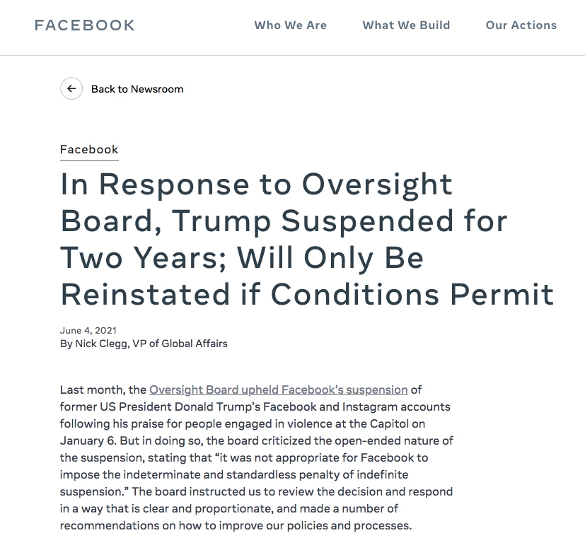 臉書宣布封鎖川普帳號2年 後年將再評「公安風險」考慮延期或解除