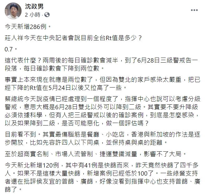 衛福部草屯療養院醫師沈政男臉書全文。 圖:翻攝自沈政男臉書