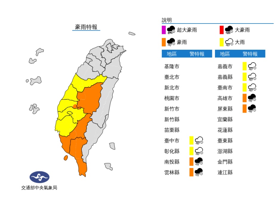 台中以南9縣市豪.大雨特報  北北基桃、宜花東高溫飆36度