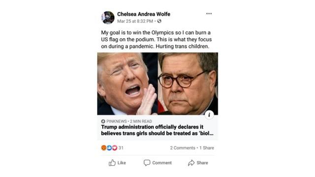 奧運領獎時要燒美國國旗? 要炸開川普腦袋? 美跨性別選手貼文惹爭議