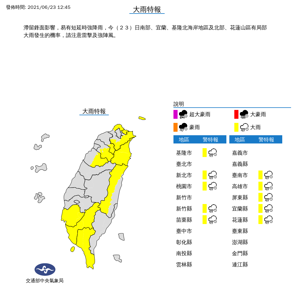 快訊》雨區擴大！全台10縣市大雨特報  氣象局：注意雷擊強陣風