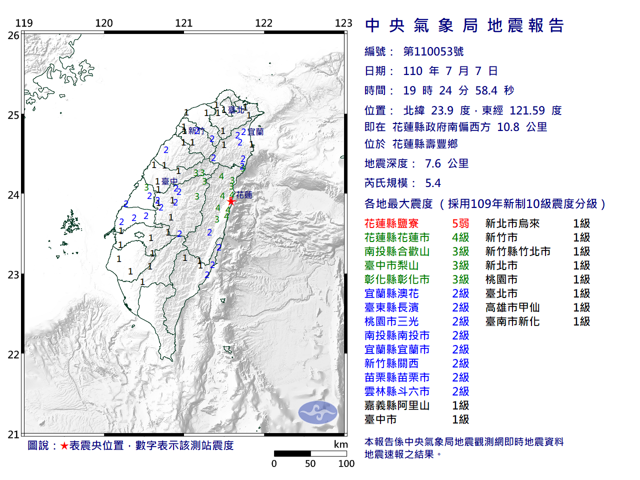 19：24規模5.4有感地震 震央花蓮.深度僅7.6公里