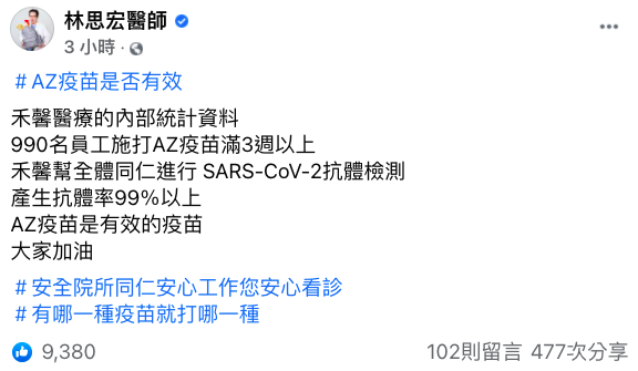 禾馨員工打AZ疫苗效果曝光！抗體產生率超過99%