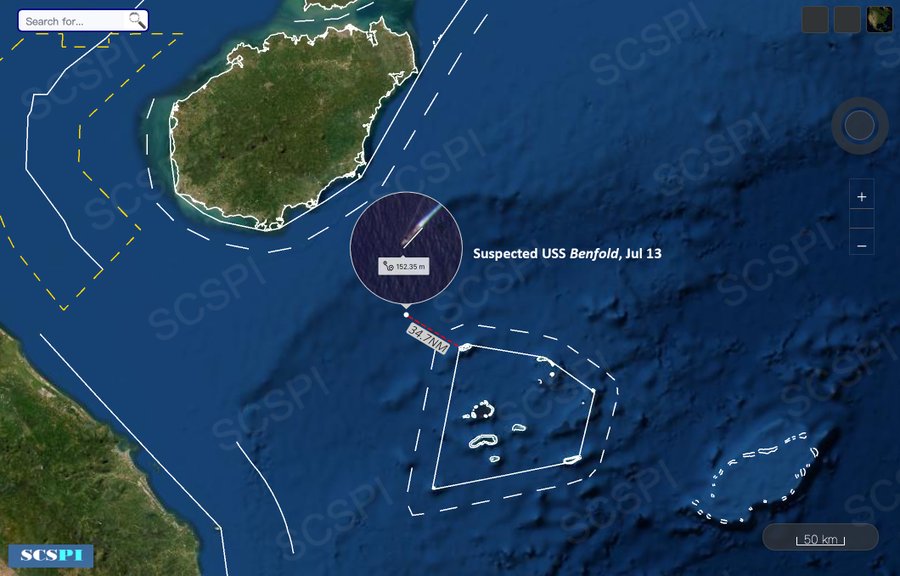 美導彈驅逐艦「班福特號」近年來以「航行自由」名義，多次通過西沙群島，引來中國抗議。   圖：翻攝SCS Probing Initiative推特