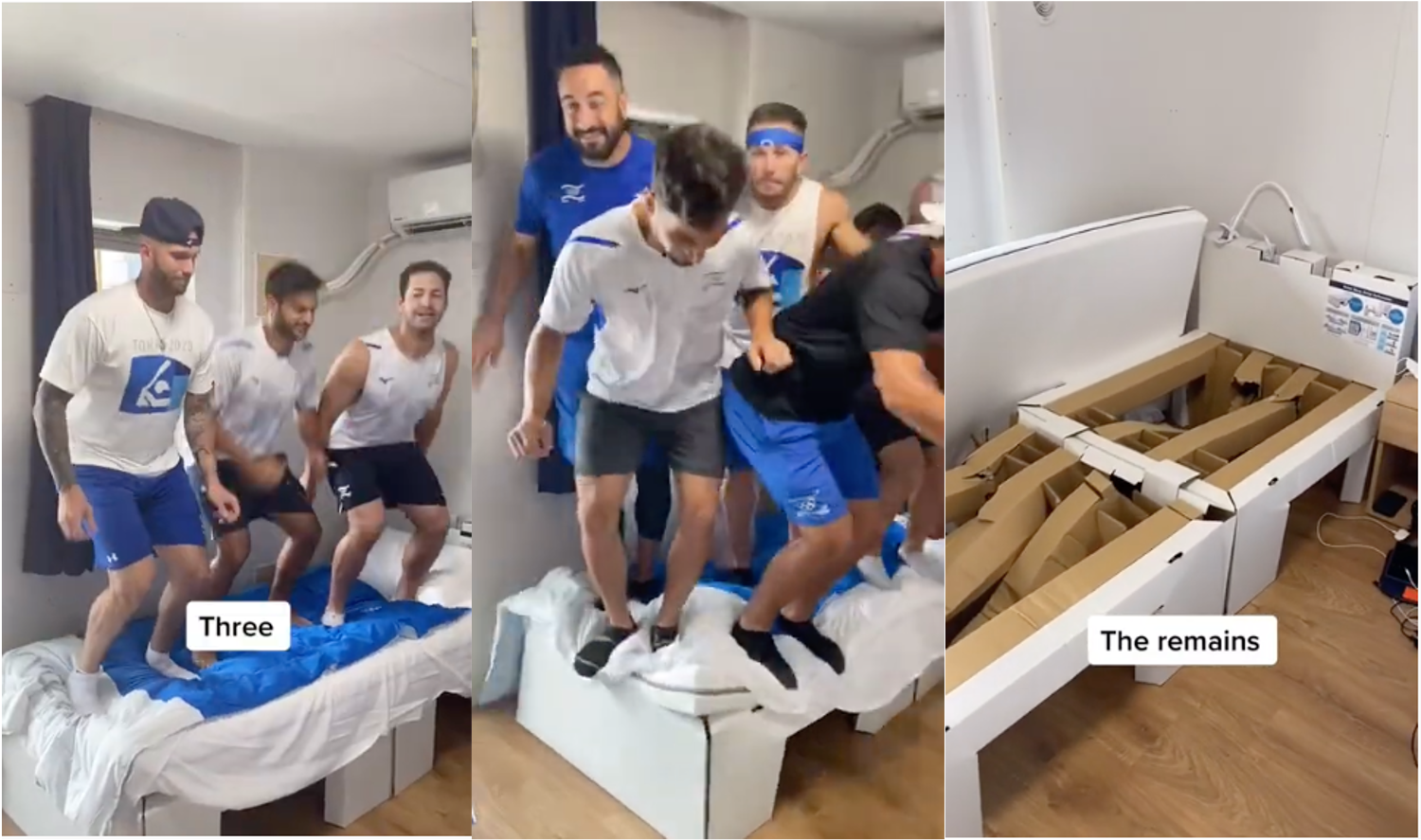 以色列棒球隊選手實測，9人一起站上床後才能看到床有明顯的凹陷。   圖：翻攝自 taty kondratyeva YouTube