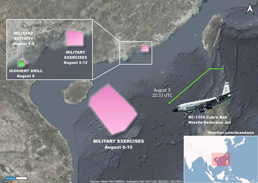 越南軍事記者「Duan Dang」指RC-135S電偵機5日即到該海域偵察；同時今天中國在南海周邊共有4場軍演同時進行中。   圖：翻攝Duan Dang推特