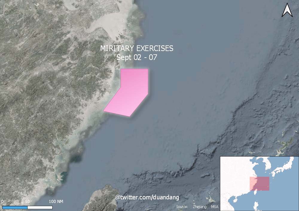 中國解放軍又即將在東海軍演，演習區域與7月份「近台軍演」相似。   圖：翻攝Duan Dang推特