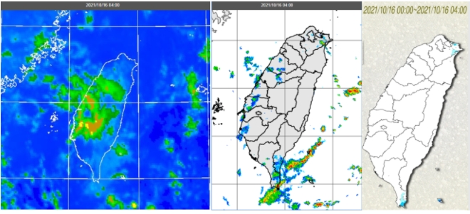 今(16日)晨4時紅外線色調強化衛星雲圖顯示，台灣各地雲層稀疏(左圖)。4時雷達回波合成圖顯示，東部海面上有零星回波，觸及恆春半島，其他地區的回波太弱(中圖)。今晨僅恆春半島、東北角有零星降雨(右圖)。   圖/「三立準氣象．老大洩天機」專欄
