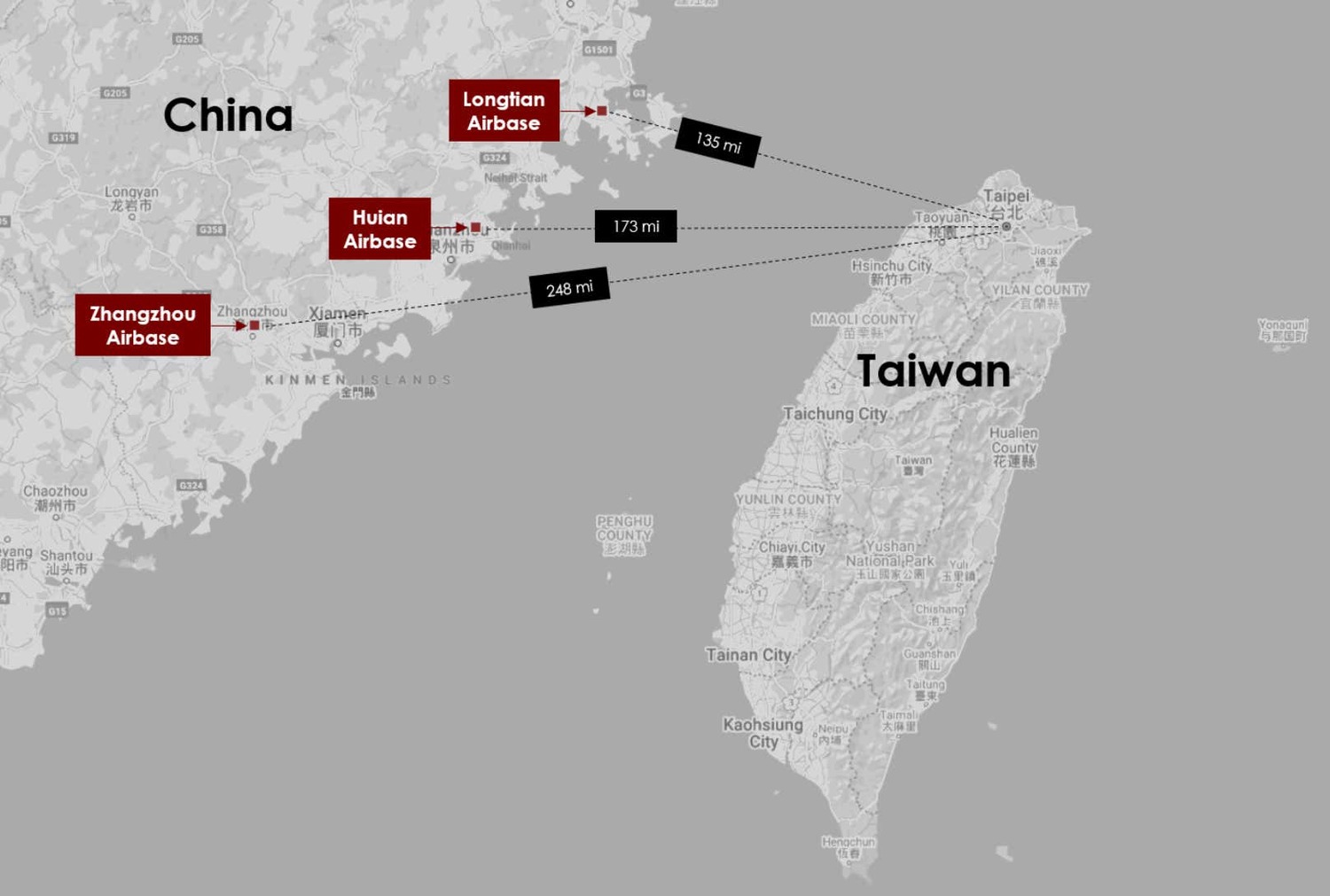 中國正在升級空軍基地，三個地點分別為距離台灣 120 到 320 公里的龍田、惠安和漳州。   圖 : 翻攝自《美國科技和軍事網》