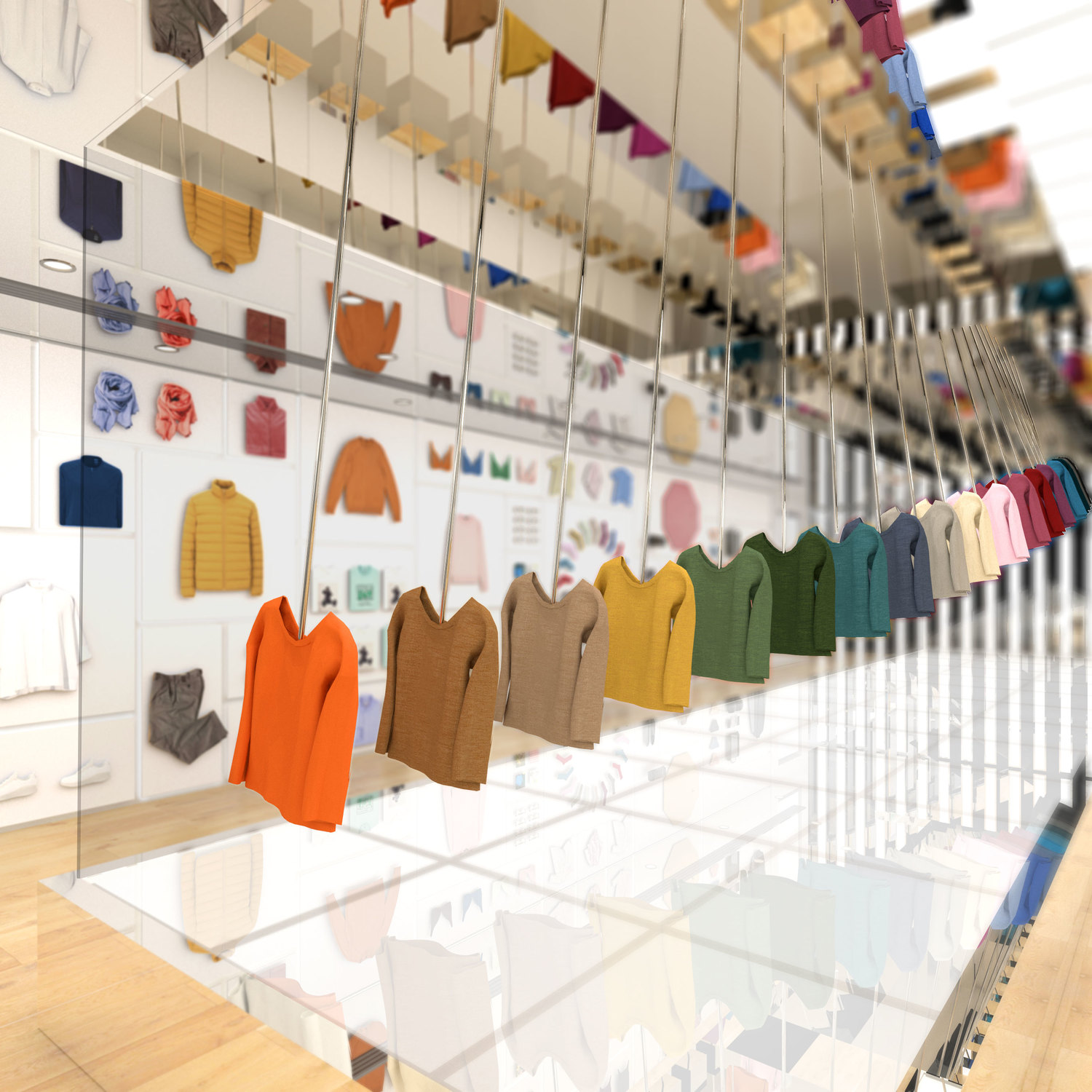 UNIQLO銀座店，入口處20種顏色的喀什米爾毛衣組合的鐘擺裝飾，使賣場蛻變成時尚藝術品展區。   