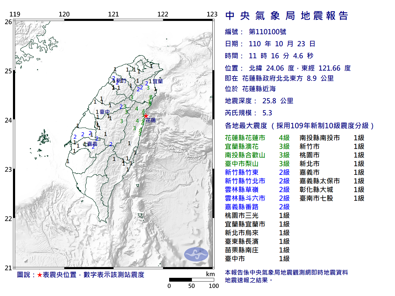 花蓮縣近海地區發生芮氏規模5.3的有感地震，深度25.8公里。   圖：中央氣象局/提供