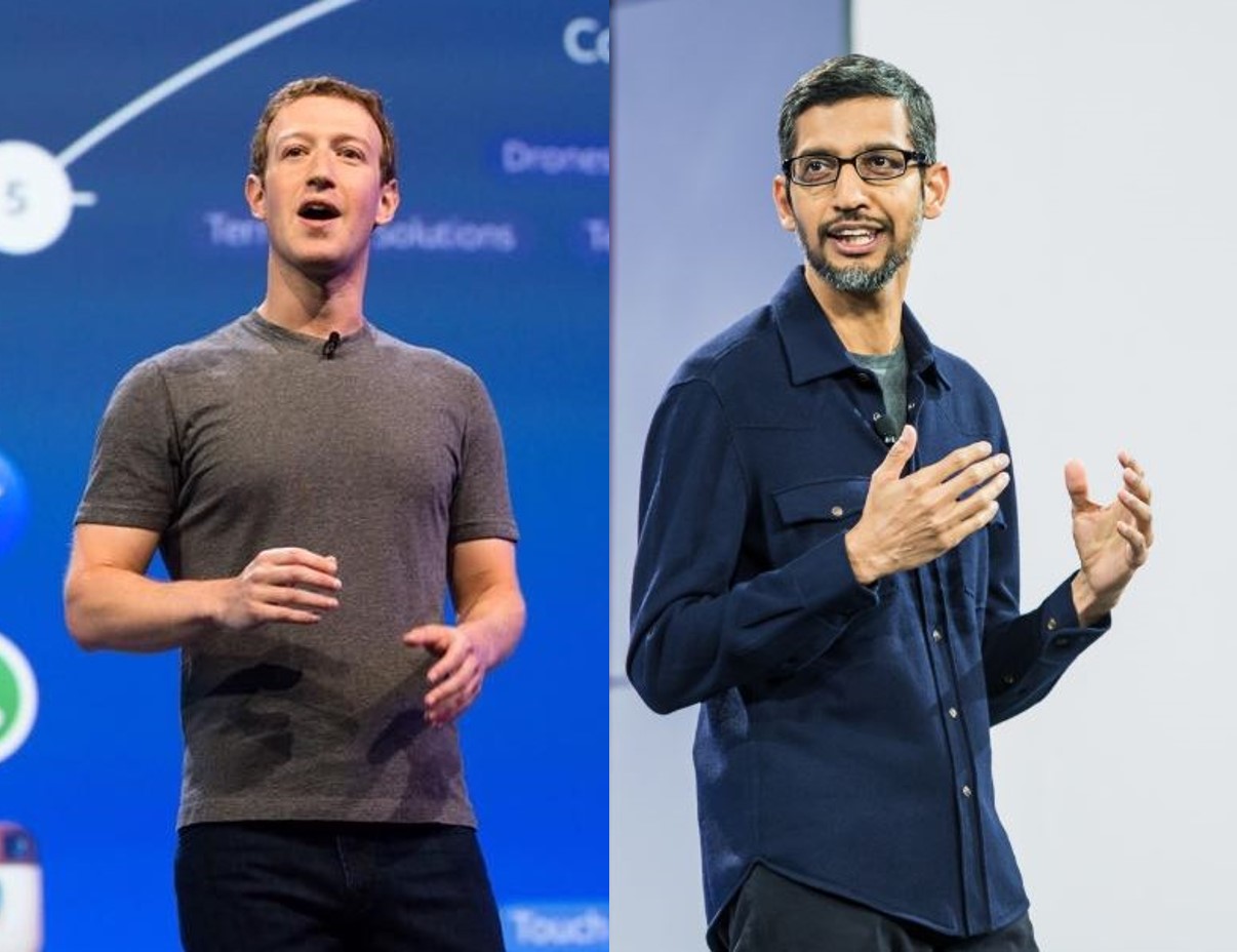 美國參議員提出新法案，阻礙Google、臉書等科技巨頭收購其他公司，圖為臉書創辦人（左）與Google執行長（右）。   圖：新頭殼合成