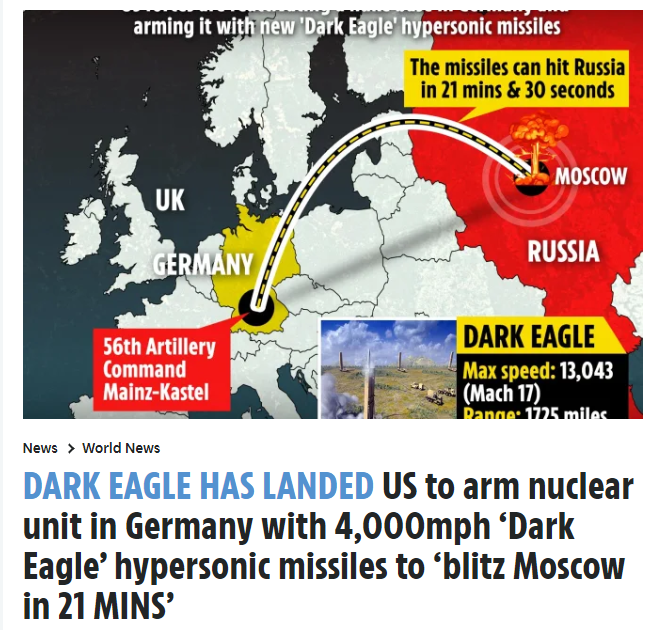 英國媒體《太陽報》報導，美國陸軍重啟二戰時期部署在德國境內的「56砲兵司令部」，並配置最新接收的「暗鷹」(Dark Eagle)遠程高超音速導彈，可以在21分30秒內從德國基地「閃電攻擊」莫斯科。   圖：太陽報網路版截圖