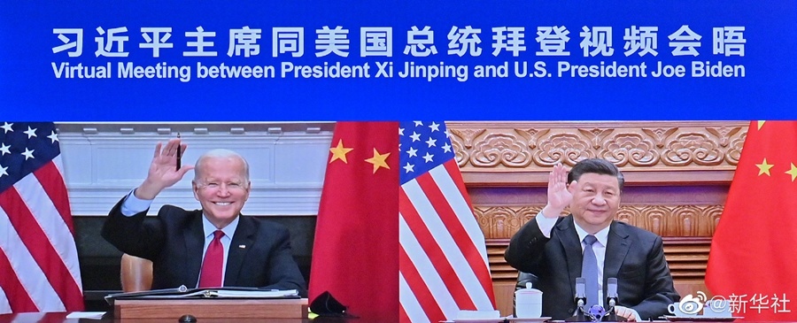 美國總統拜登和中國國家主席習近平上午展開視訊會談，開場氣氛友好。   圖 : 翻攝自新華網