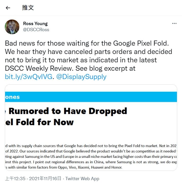 分析師指出，Google已經取消了零組件訂單，並決定暫時擱置新摺疊機的發布計劃。   圖：截取自Ross Young推特