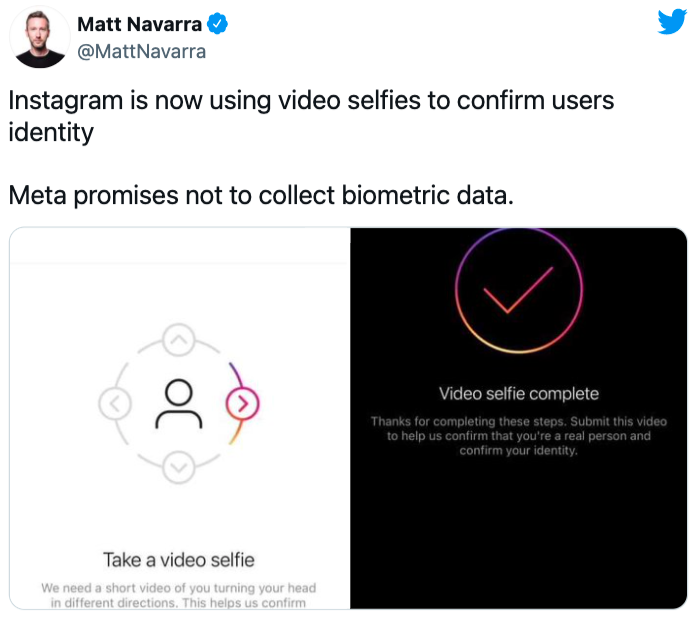 社交媒體顧問納瓦拉（Matt Navarra）在推特分享IG自拍錄影驗證的截圖。   圖：擷取自@MattNavarra推特