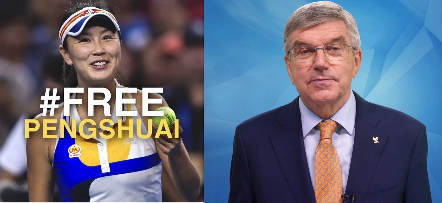 中國網球名將彭帥（左圖，翻攝自Jonathan #FreePengShuai推特）失聯超過半月，國際奧會主席巴赫（右圖，翻攝自奧會）主動發布視訊消息，惹網友懷疑。   圖：新頭殼合成