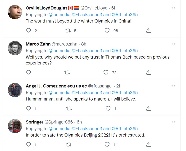國際奧會對彭帥失聯事件態度前後迥異，網友質疑是為了護航北京冬奧，群起抵制。   圖：翻攝自國際奧會推特
