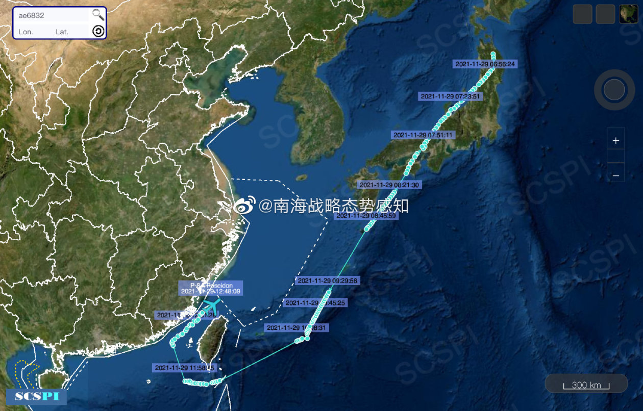 美國海軍P-8A路線繞過台灣。   圖：翻攝自南海戰略態勢感知微博