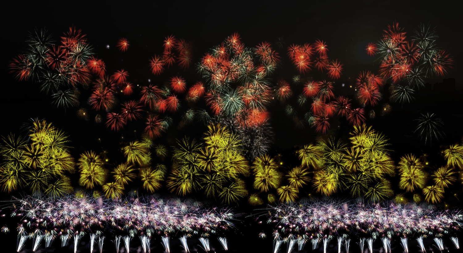 模擬圖：美哉新北-豐富多彩的小花，與穿梭的螢火蟲占滿天空畫面象徵欣欣向榮。   圖：新北市高灘地工程管理處提供