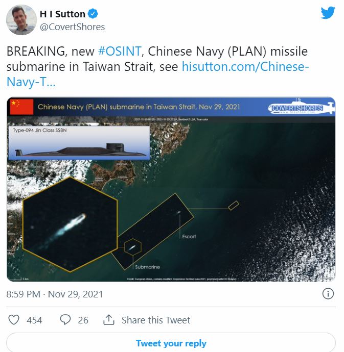 薩頓指出中國派出一艘SSBN潛艇出沒台灣海峽。   圖：翻攝自薩頓推特