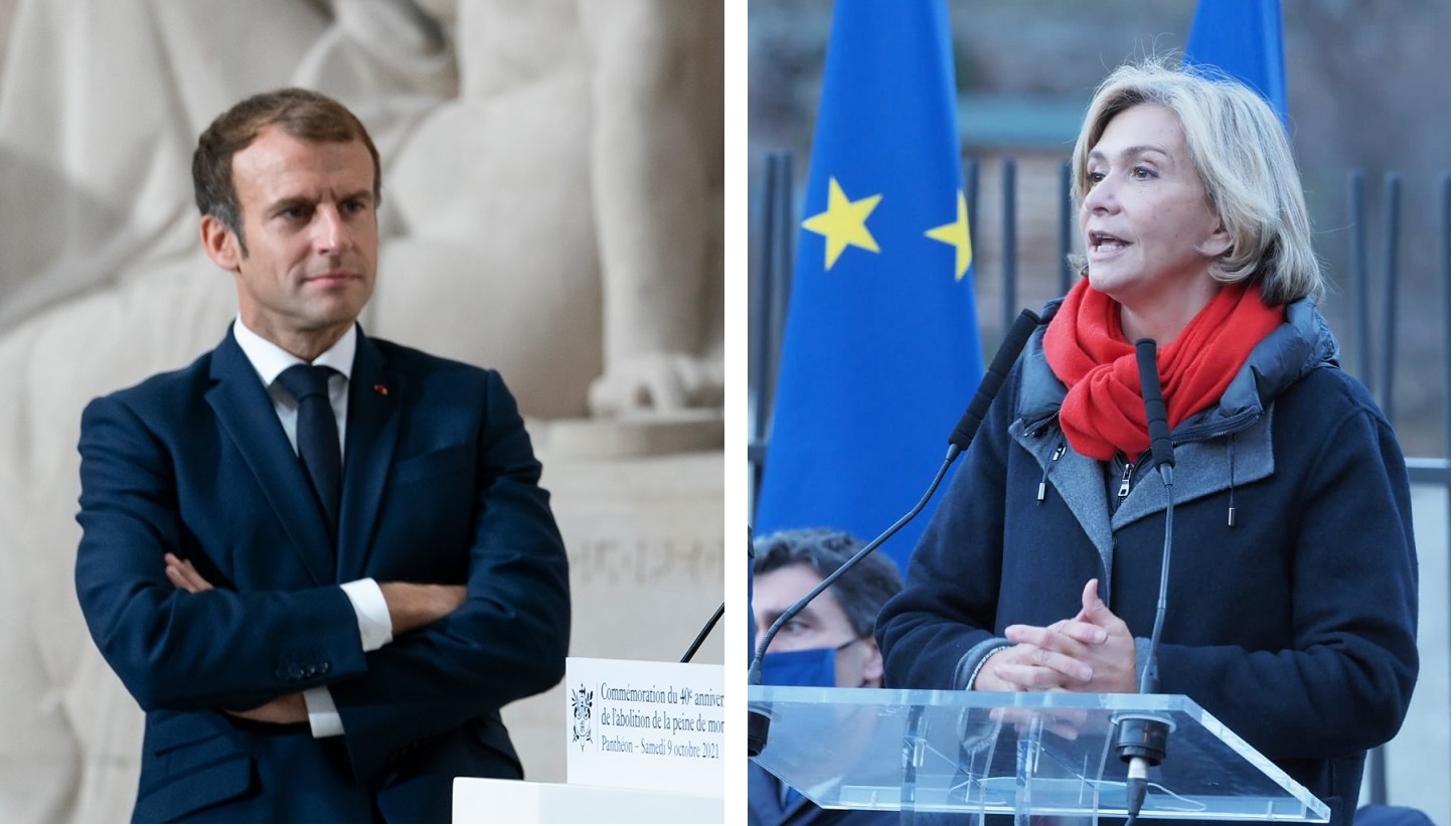 法國總統馬克宏（左圖，翻攝自臉書）在最新民調中，敗給共和黨初選勝出的佩克雷斯（右圖，翻攝自推特），人氣略降。   圖：新頭殼合成