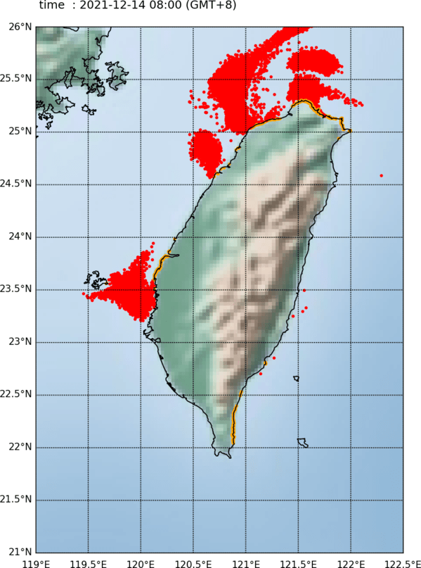 12月13日模擬火山浮石預估圖(於110年12月13日預測24小時後動態)   圖：海洋委會員火山浮石訊息專區提供