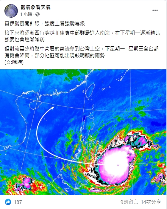 氣象粉專「觀氣象看天氣」表示，雷伊颱風目前已開眼。   圖：擷取自臉書「觀氣象看天氣」