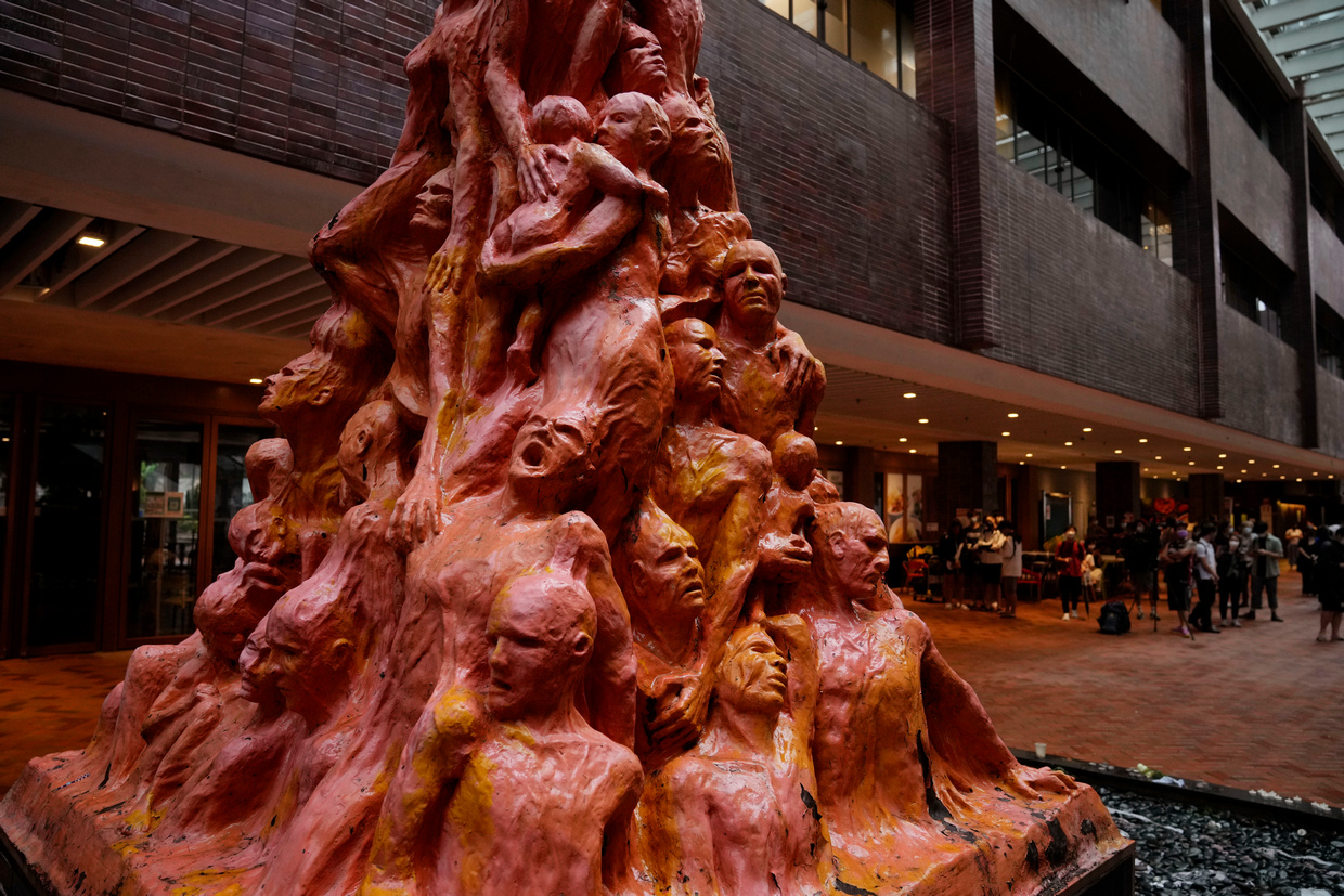 「國殤之柱」為丹麥雕塑家高志活作品，柱上刻有50個身軀扭曲、表情痛苦的人像，紀念在1989年「六四天安門屠殺事件」中遭到血腥鎮壓的罹難者。   圖：達志影像／美聯社