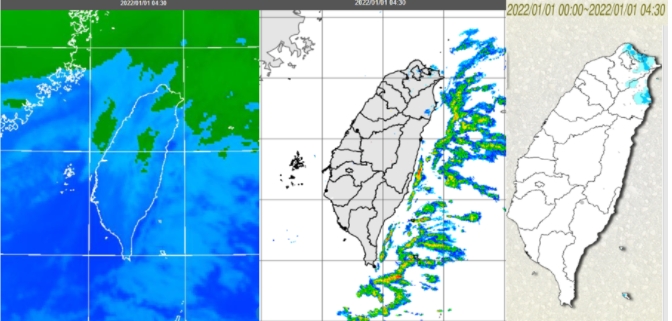 今(1)日4：30紅外線色調強化雲圖顯示，迎風面北部及東部海面有較多的低雲，海峽北部亦有一些(左圖)；4：30雷達回波合成圖顯示，東側海面有較多的回波(中圖)；今晨北海岸、大台北東側及宜蘭有局部雨(右圖)。   圖/「三立準氣象．老大洩天機」專欄