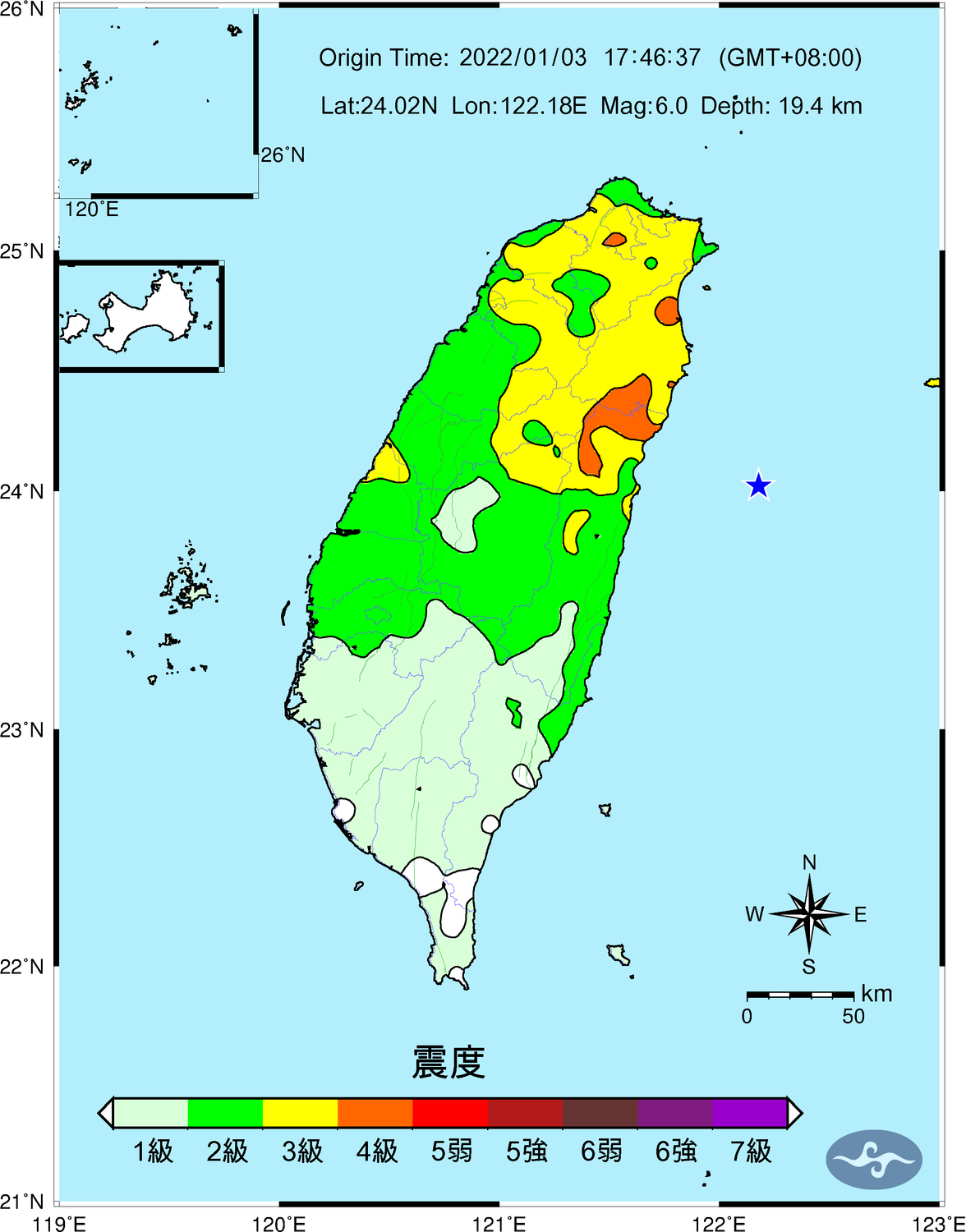 1/3花蓮外海發生規模6.0地震，中央氣象局表示，因預警系統低估震度才未發布警報（圖為地震震度圖）。   圖：中央氣象局／提供
