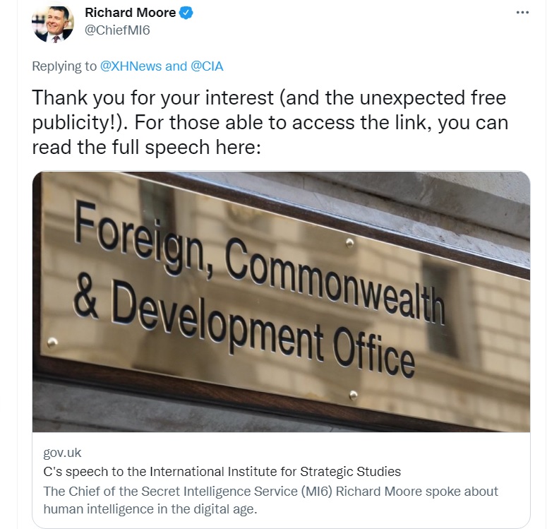 In response to the Xinhua News Agency’s kuso video, Moore, the director of the British MI6, thanked the free publicity and took the opportunity to advertise. Netizens are invited to pay attention to the speech on the threat to China.Figure: Retrieved from Moore's Twitter