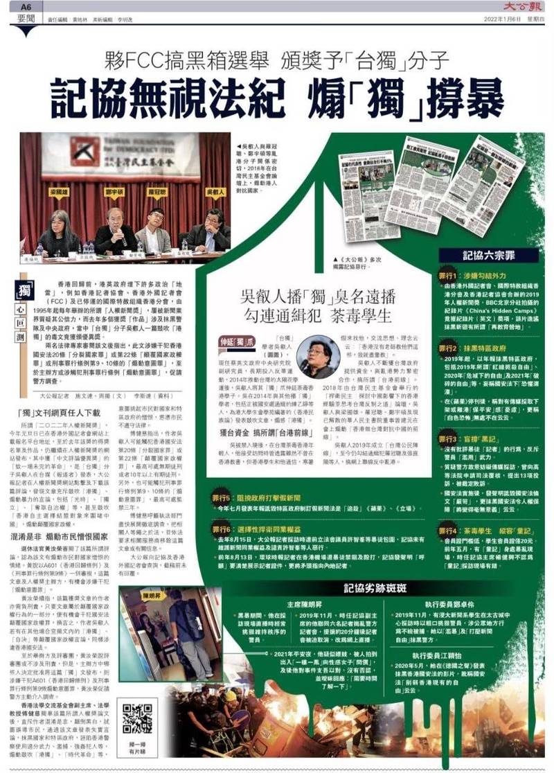 親共港媒大公報六日以全版版面刊登指控中研院學者吳叡人違法香港國安法。   圖：翻攝自大公報