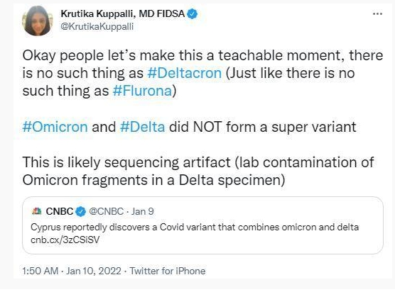 Kupari, a member of the WHO's new crown epidemic team, posted on social media on the 10th that there is no Deltacron virus strain, and said that this may be in the laboratory, and the Omicron virus strain was mixed in the specimen of the Delta virus strain.Figure: Retrieved from social software